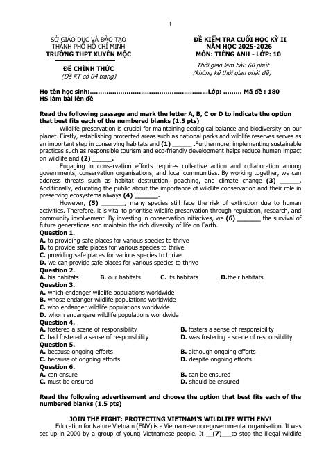 Đề thi Học kì 2 Tiếng Anh 10 năm 2025-2026 trường THPT Xuyên Mộc (TP Hồ Chí Minh)